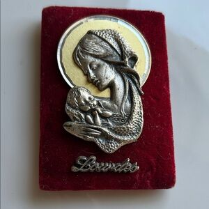 Vintage Lourdes Italy Metal Religious Plaque Virgin Mary & Child Velvet Frame